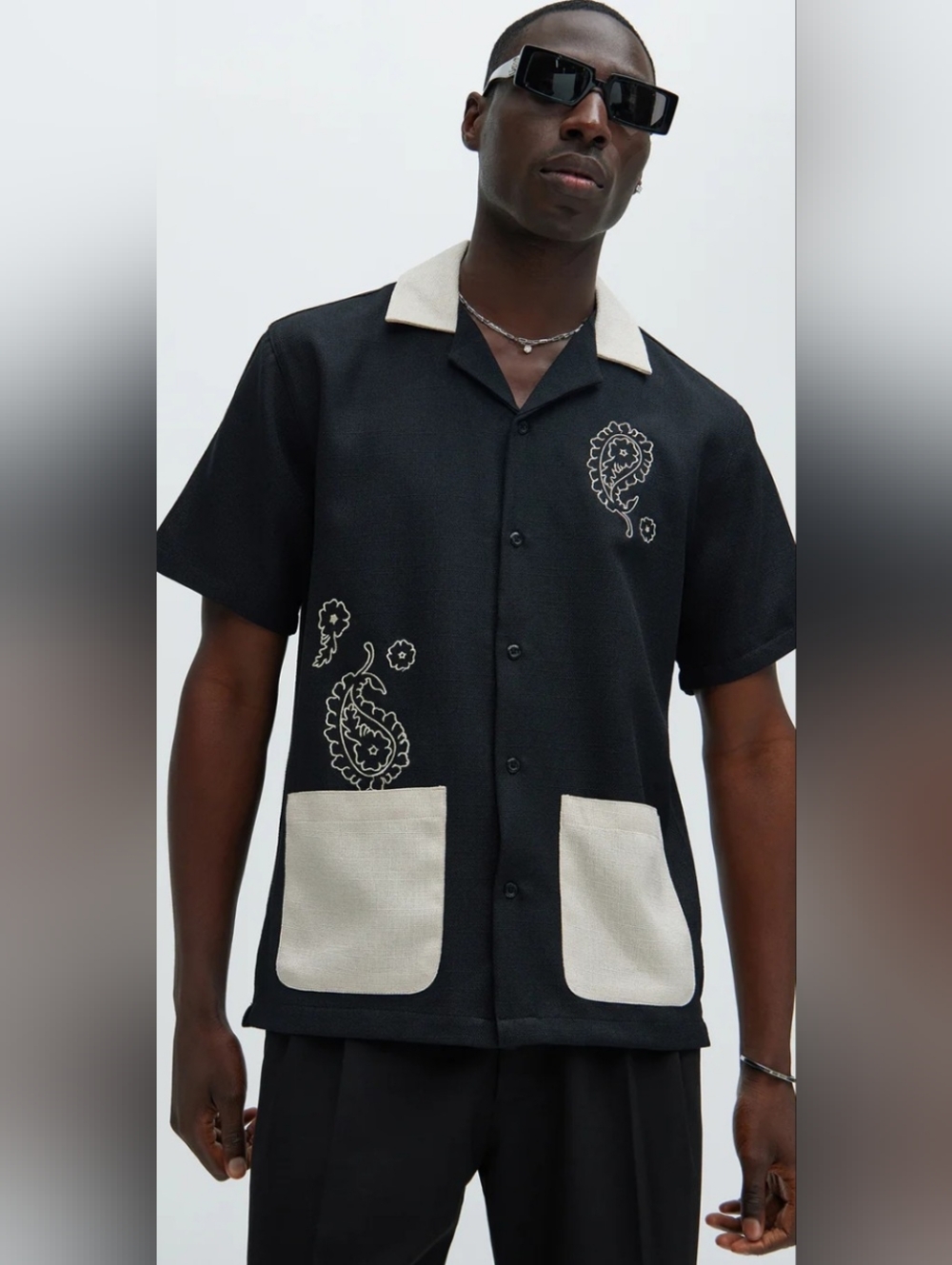 Malibu Black Shirt with Cream Collar and Embroidered Detail
